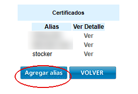 Lista de certificados en Administración de Certificados Digitales de ARCA, con el alias «stocker» y el botón «Agregar alias» marcado
