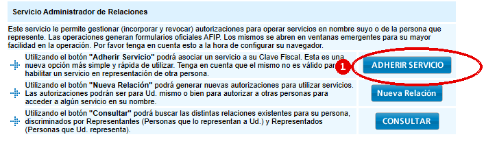 Administrador de Relaciones de Clave Fiscal de ARCA con el botón «Adherir servicio» marcado