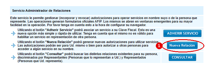 Administrador de Relaciones de Clave Fiscal de ARCA con el botón «Nueva Relación» marcado