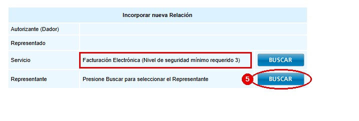 Incorporar nueva Relación en ARCA con el servicio Facturación Electrónica cargado y el botón Buscar del Representante marcado