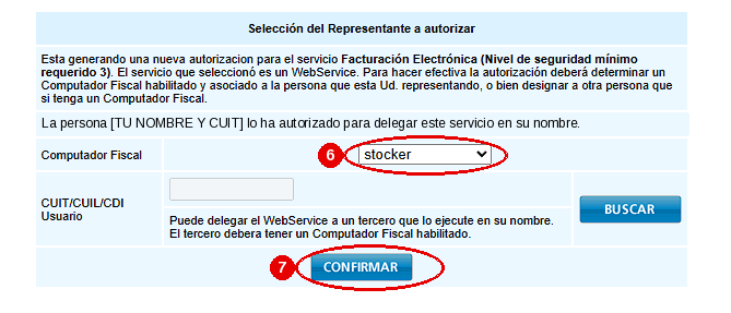 Selección del Representante en ARCA con el alias «stocker» elegido en Computador Fiscal y el botón «Confirmar» marcado