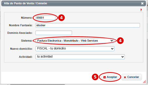Formulario de ARCA «Alta de Punto de Venta / Emisión» con el número y el sistema «Factura Electronica - Monotributo - Web Services» marcados, y el botón «Aceptar»