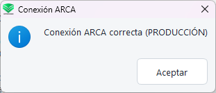Mensaje de Stocker: Conexión ARCA correcta (PRODUCCIÓN), con el certificado digital de ARCA ya cargado