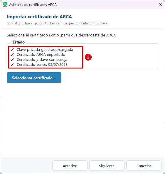 Asistente de certificados de Stocker en «Importar certificado de ARCA» con los cuatro checks en verde: clave privada, certificado importado, certificado y clave son pareja y vencimiento del certificado