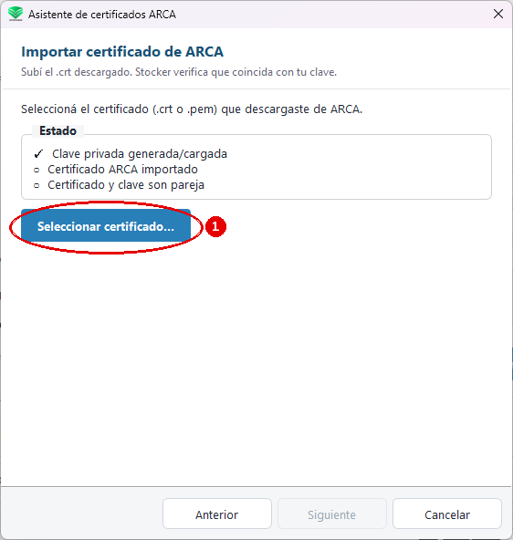 Asistente de certificados de Stocker en «Importar certificado de ARCA», con el botón «Seleccionar certificado…» marcado para cargar el certificado digital de ARCA